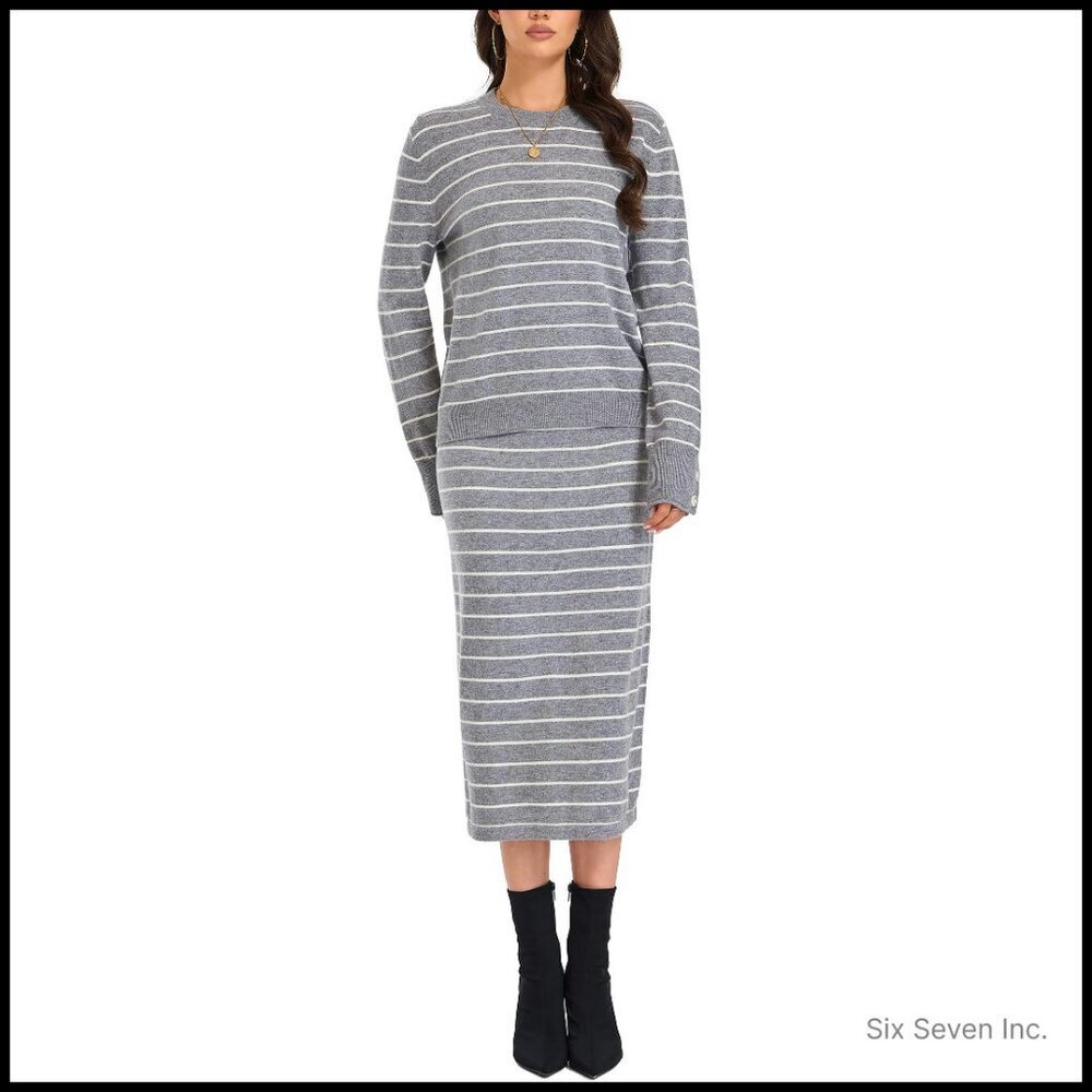 Wool Sweater Skirt Set Striped Crewneck Midi Fall Winter Outfit Chic